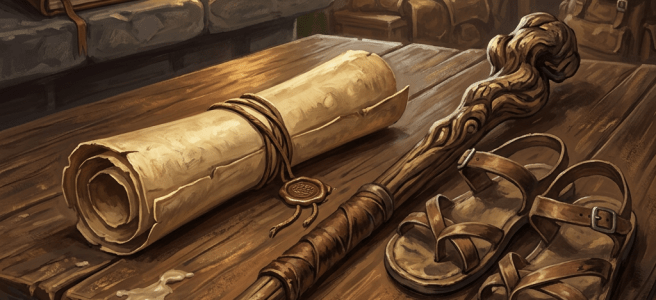 Scroll sealed with wax, carved wooden staff, and leather sandals on wooden table near a lit oil lamp and books.