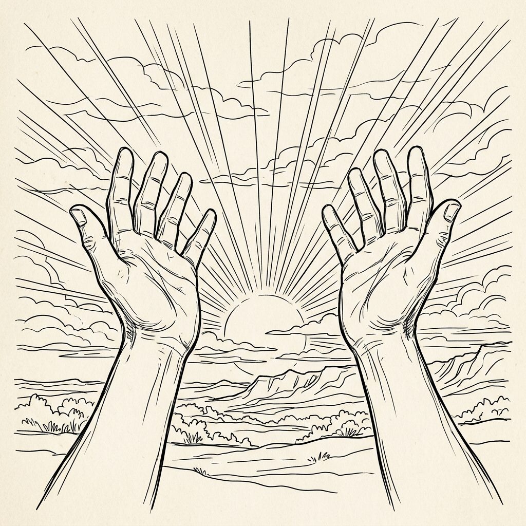 Two hands lifted upward toward a glowing sun rising over hills and clouds